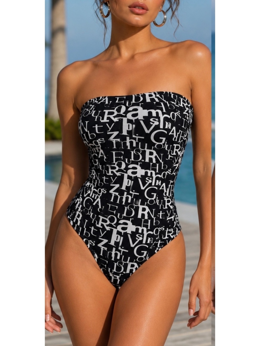 MariaCha Strapless Open Back Graphic Letter Print Bodysuit Swimsuit M